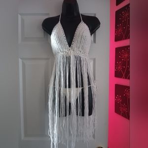 White shimmer 2pc crochet top & bottom.